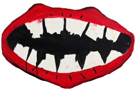 Pintura de uma boca vermelha com dentes pontiagudos