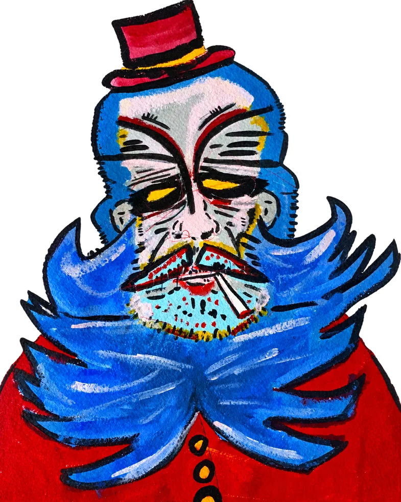 Personagem de barba azul, rosto pintado e chapéu vermelho