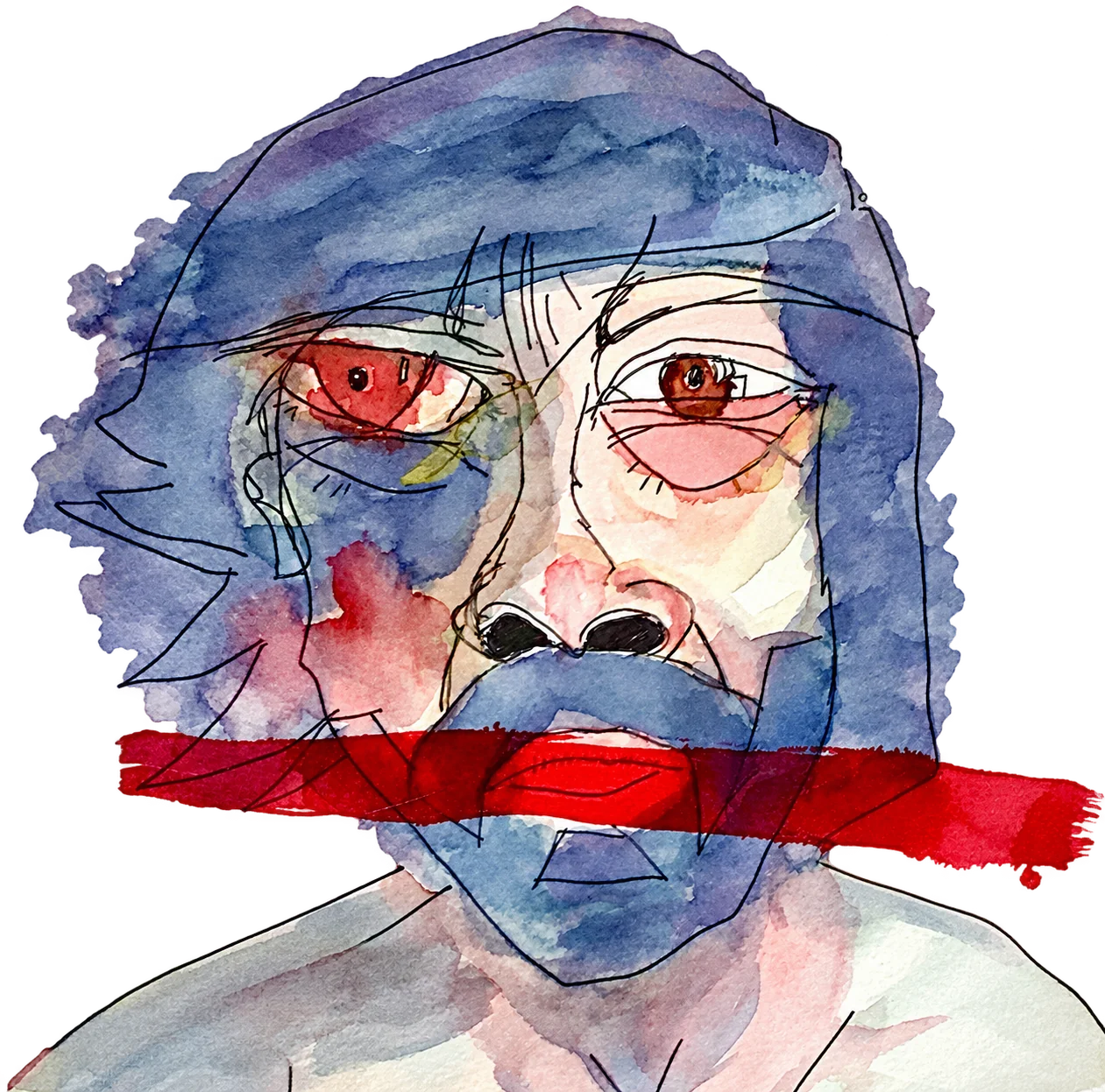 Rosto em aquarela azul e rosa com olhos vermelhos e pincelada vermelha sobre a boca