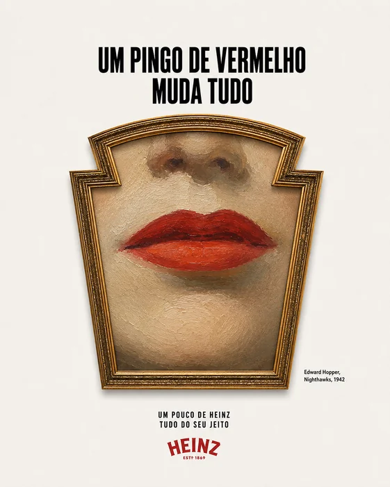 Peça “Um pingo de vermelho muda tudo”: lábios vermelhos em moldura