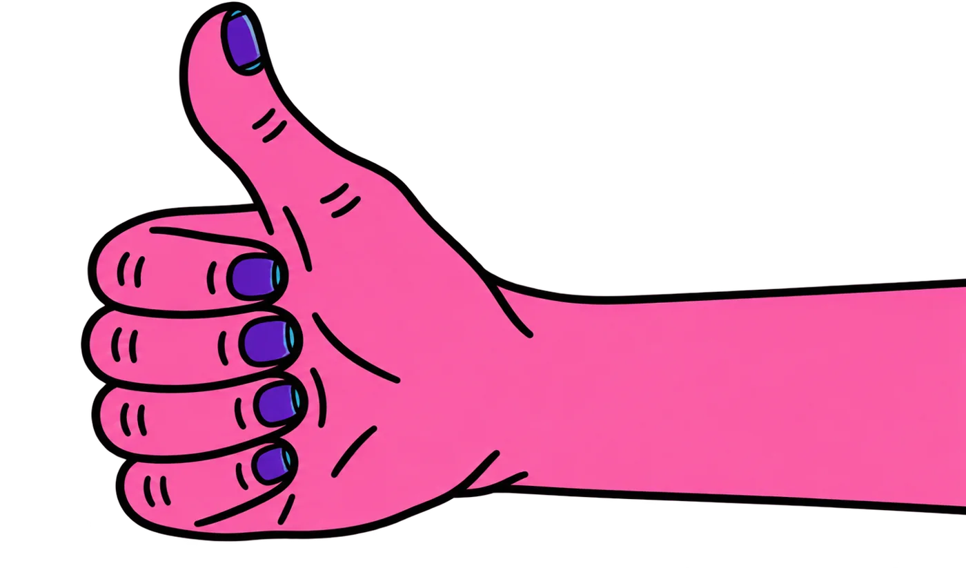 Ilustração de mão rosa fazendo sinal de positivo