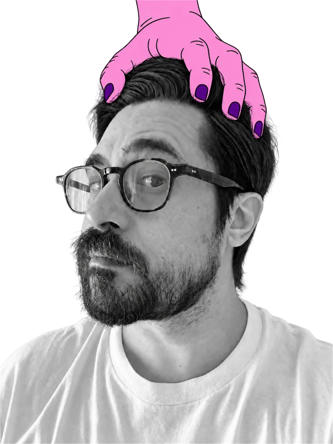 Retrato de Fernando em preto e branco, com uma mão rosa ilustrada sobre a cabeça